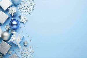 ai generato Natale vigilia concetto. superiore Visualizza foto di blu e argento palline fiocco di neve ornamenti elegante presente scatole e coriandoli. ai generato