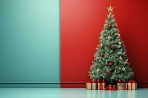 ai generato Visualizza di meravigliosamente decorato Natale albero nel casa foto