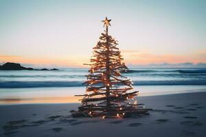 ai generato Natale albero fatto con legna bastoni su il spiaggia a tramonto foto