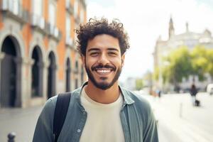 ai generato sorridente caucasico uomo a strada foto