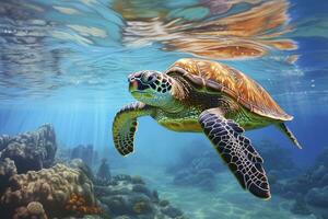 ai generato verde tartaruga a il acqua di mare. ai generato foto