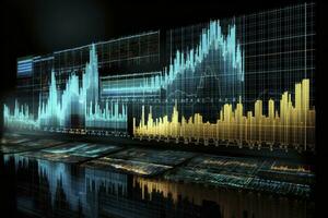 ai generato digitalmente generato moneta e scambio azione grafico per finanza e economia basato computer Software e codifica Schermo. ai generato foto