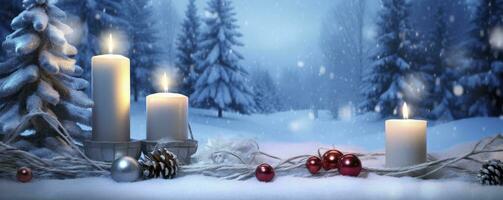 ai generato inverno foresta paesaggio con ardente candele Natale decorazione. ai generato foto