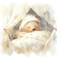 ai generato un' assonnato bambino orso nel un' biancheria da letto. acquerello illustrazione. ai generato foto
