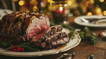 ai generato Natale primo costola Manzo filetto arrostito avvicinamento, natale menù su tavolo foto