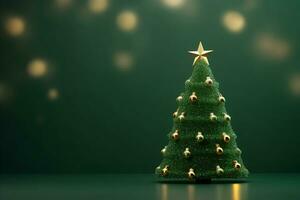 ai generato piccolo meravigliosamente decorato Natale albero con bokeh sfondo foto