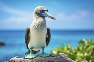 ai generato il raro dai piedi azzurri tonto riposa su il spiaggia. ai generato foto