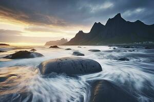 ai generato uttakleiv spiaggia, con drammatico montagne e picchi, Aperto mare e riparato baie, spiagge e intatto terre. ai generato foto