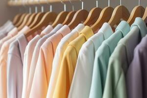 ai generato colorato Abiti su un' capi di abbigliamento cremagliera, pastello colorato guardaroba nel un' shopping memorizzare o Camera da letto, arcobaleno colore Abiti scelta su grucce, casa armadio concetto Immagine. ai generativo foto