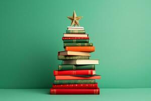 ai generato Natale albero fatto di libri su verde sfondo foto