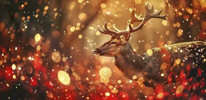 ai generato d'oro Natale cervo con un' rosso scintillare sfondo. foto