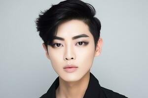 ai generato giovane asiatico uomo senza genere trucco Uomini cosmetici bellezza salone foto