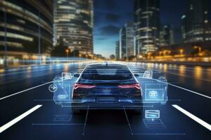 ai generato moderno inteligente auto tecnologia intelligente sistema utilizzando teste su Schermo hud autonomo se stesso guida modalità veicolo su città strada con grafico sensore radar segnale sistema intelligente macchina. foto