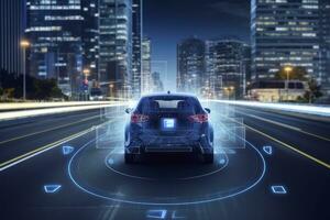 ai generato moderno inteligente auto tecnologia intelligente sistema utilizzando teste su Schermo hud autonomo se stesso guida modalità veicolo su città strada con grafico sensore radar segnale sistema intelligente macchina. foto