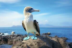 ai generato il raro dai piedi azzurri tonto riposa su il spiaggia. ai generato foto