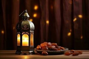 ai generato ornamentale Arabo lanterna raggiante per musulmano santo mese Ramadan kareem foto