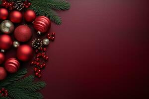 ai generato Natale composizione di abete albero rami con i regali su rosso di legno sfondo foto