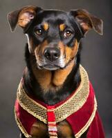 ai generato un' cane indossare un' rosso e oro costume foto