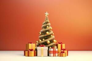 ai generato Natale albero nel neve con i regali su esso nel il stile di spettacolare pastello sfondo foto