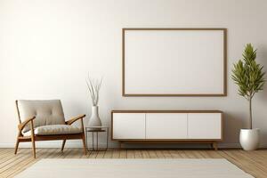 ai generato 3d reso minimo stile moderno vivente camera interno design con sedia con vuoto manifesto foto