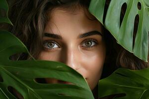ai generato avvicinamento tiro di un' bellissimo giovane donna viso coperto con le foglie generativo ai foto