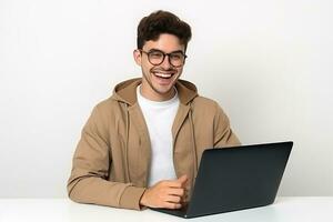 ai generato sorridente barbuto uomo nel occhiali utilizzando il computer portatile foto