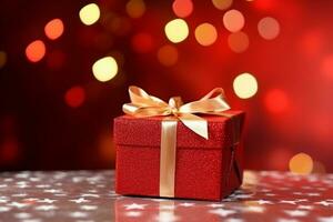 ai generato rosso regalo scatola con Natale ornamento su rosso sfondo foto