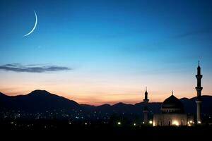 ai generato un' moschea nel notte e Luna nel sfondo Ramadan kareem celebrazione foto