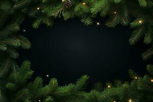 ai generato Natale composizione di abete albero rami su nero sfondo foto