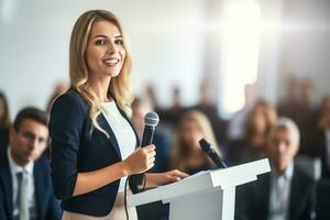 ai generato femmina altoparlante dando un' parlare su aziendale attività commerciale conferenza. irriconoscibile persone nel pubblico a conferenza sala. attività commerciale e imprenditoria evento foto