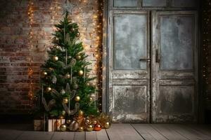 ai generato Visualizza di meravigliosamente decorato Natale albero nel vecchio casa foto