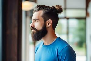 ai generato un' bello barbuto uomo con lungo capelli foto