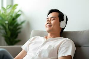 ai generato calma asiatico uomo seduta su divano ascoltando per musica audiolibro godendo meditazione per dormire e pace foto