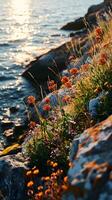 ai generato ardente fioriture lungo il sereno in riva al lago a crepuscolo foto