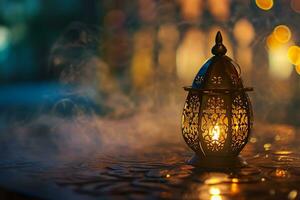 ai generato ornamentale Arabo lanterne. luccicante d'oro bokeh luci su il tavolo foto