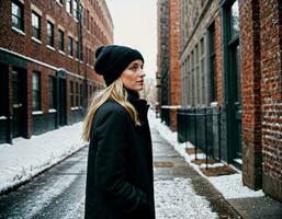 ai generato foto di bellissimo donna con inverno cappotto in piedi nel davanti di edificio nel inverno stagione, generativo ai