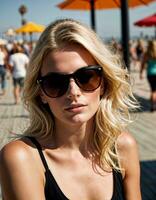 ai generato foto di bellissimo donna con occhiali da sole e bionda capelli a sabbia spiaggia città strada, generativo ai