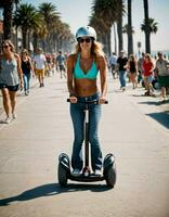 ai generato foto di bellissimo donna con occhiali da sole e casco equitazione segway scooter a sabbia spiaggia città strada, generativo ai