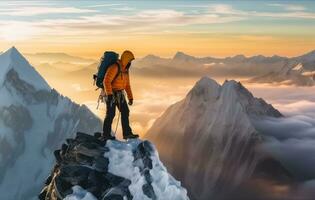 ai generato alpino conquista - attrezzata scalatore raggiunge montagna superiore foto