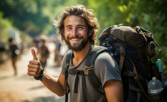 ai generato viaggio di votazione - autostop avventura su il strada foto