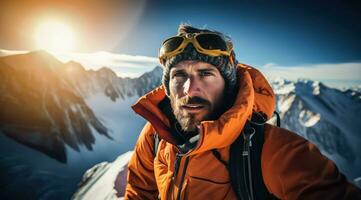 ai generato alpino avventura - scalatore ascendente nevoso picchi foto
