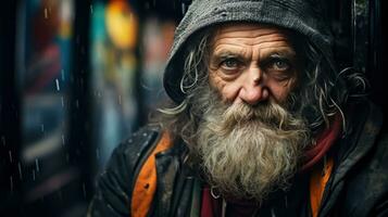 ai generato ritratto di un' scoraggiato anziano senza casa uomo foto