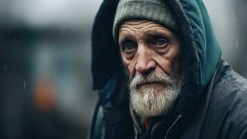 ai generato umanità nel crisi - intimo tiro di un anziano senza casa signore foto