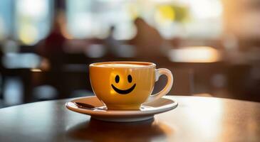 ai generato bar rallegrare - caffè tazza con emoticon su sfocato sfondo foto