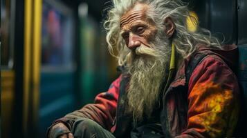 ai generato urbano esodo - il nascosto dolore di anziano senzatetto foto