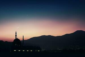 ai generato un' moschea nel notte e Luna nel sfondo Ramadan kareem celebrazione foto