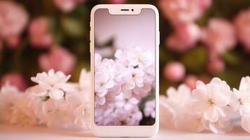 inteligente Telefono finto su schermo su rosa pastello fiori bianca floreale femminile primavera sfondo foto