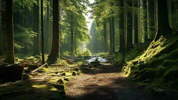 Visualizza di un' foresta con luce del sole splendente attraverso il alberi foto