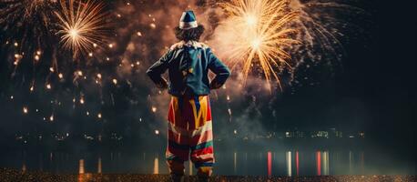 contento arlecchino clown con fuochi d'artificio su sfondo vista posteriore foto