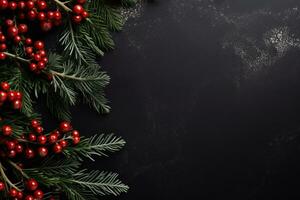ai generato Natale vacanze composizione di verde abete albero rami con i regali copia spazio foto
